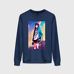 Свитшот хлопковый женский Прикольная девчонка с черепом на футболке - аниме, цвет: тёмно-синий