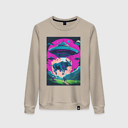 Свитшот хлопковый женский Похищение коровы пришельцами, цвет: миндальный