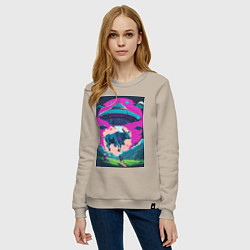 Свитшот хлопковый женский Похищение коровы пришельцами, цвет: миндальный — фото 2