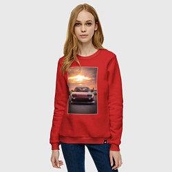 Свитшот хлопковый женский Авто в багровом закате, цвет: красный — фото 2