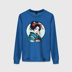 Свитшот хлопковый женский Японская гейша в кимоно, цвет: синий