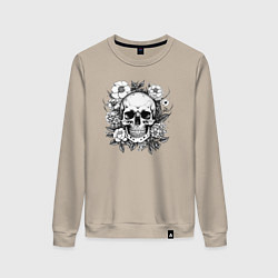 Свитшот хлопковый женский Skull in flowers from napalm 696, цвет: миндальный