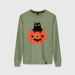 Свитшот хлопковый женский Котик в тыкве, цвет: авокадо