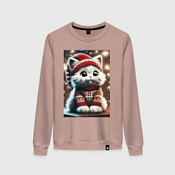 Свитшот хлопковый женский Котик в новогоднем свитере, цвет: пыльно-розовый