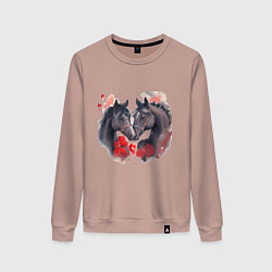 Свитшот хлопковый женский Влюбленные вороные лошади, цвет: пыльно-розовый