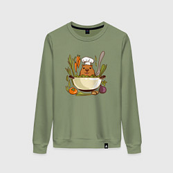 Свитшот хлопковый женский Капибара готовит обед, цвет: авокадо