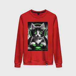 Свитшот хлопковый женский Котёнок командный геймер - киберспорт, цвет: красный