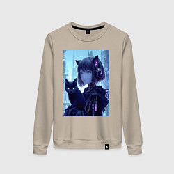 Женский свитшот Девчонка кошка с котёнком - нейросеть