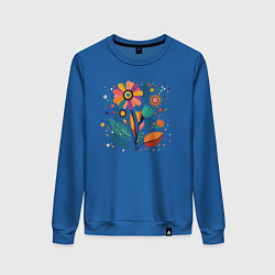Свитшот хлопковый женский Яркий цветок, веточки и листья, цвет: синий