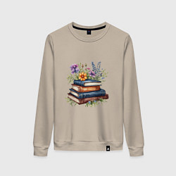 Свитшот хлопковый женский Стопка книг с полевыми цветами, цвет: миндальный
