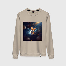 Свитшот хлопковый женский Корги в космосе, цвет: миндальный