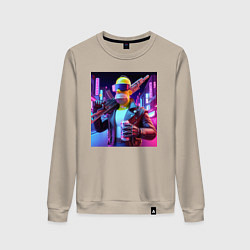 Свитшот хлопковый женский Крутой Гомер Симпсон с оружием и банкой пива, цвет: миндальный