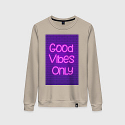 Свитшот хлопковый женский Неоновая надпись good vibes only и кирпичная стена, цвет: миндальный
