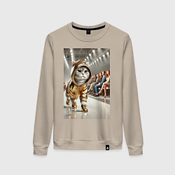Свитшот хлопковый женский Серый кот модель на подиуме, цвет: миндальный
