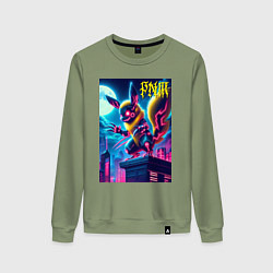 Свитшот хлопковый женский Ужасный Пикачу на крыше небоскрёба - хэллоуин, цвет: авокадо