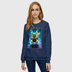 Свитшот хлопковый женский Cyber Pikachu - neon glow ai art, цвет: тёмно-синий — фото 2