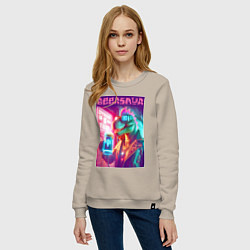 Свитшот хлопковый женский Cool dude Dino with a mug of beer - ai art, цвет: миндальный — фото 2