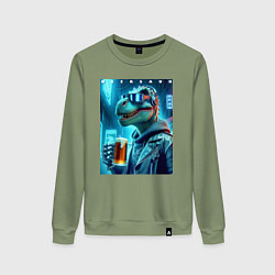 Свитшот хлопковый женский Крутой чувак Дино с кружкой пива - нейроарт, цвет: авокадо