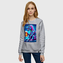 Свитшот хлопковый женский Cyber tyrannosaur with a mug of beer - ai art fant, цвет: меланж — фото 2