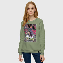 Свитшот хлопковый женский Ван-Пис Зоро Ророноа техника, цвет: авокадо — фото 2