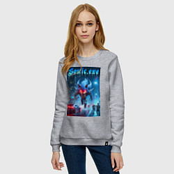 Свитшот хлопковый женский Ёжик монстр в ночном мегаполисе - неоновое свечени, цвет: меланж — фото 2
