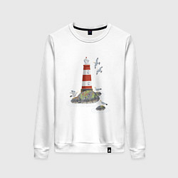 Свитшот хлопковый женский Маяк и чайки на берегу моря, цвет: белый