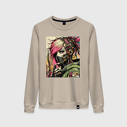 Свитшот хлопковый женский Cyber girl in a respirator - ai art fantasy, цвет: миндальный