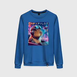 Свитшот хлопковый женский Capybara is a cool pilot - ai art fantasy, цвет: синий