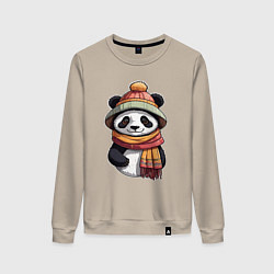 Свитшот хлопковый женский Панда в шапке и шарфе, цвет: миндальный