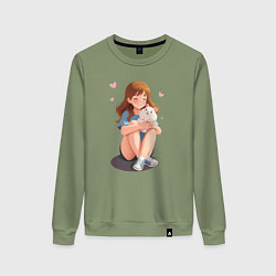 Свитшот хлопковый женский Белый хомяк и счастливая девушка, цвет: авокадо