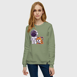 Свитшот хлопковый женский Космонавт и тигрёнок, цвет: авокадо — фото 2