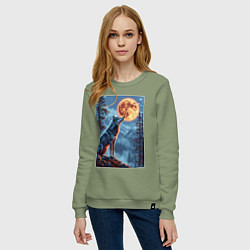 Свитшот хлопковый женский Волк и луна, цвет: авокадо — фото 2