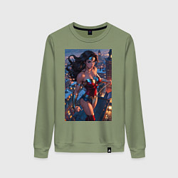 Свитшот хлопковый женский Чудо-женщина на крыше с городским фоном, цвет: авокадо