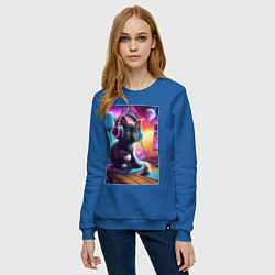 Свитшот хлопковый женский Котёнок в наушниках и мышка, цвет: синий — фото 2