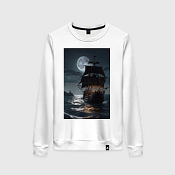 Свитшот хлопковый женский Пиратский корабль в шторм, цвет: белый