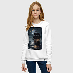 Свитшот хлопковый женский Пиратский корабль в шторм, цвет: белый — фото 2