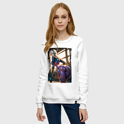 Свитшот хлопковый женский Девушка с оружием в киберпанк стиле, цвет: белый — фото 2