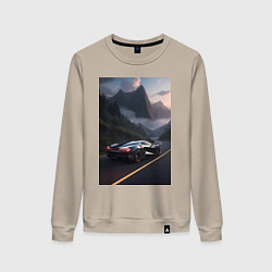 Женский свитшот Черный суперкар едет по горной дороге
