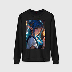 Свитшот хлопковый женский Прекрасная эльфийка-маг с шаром огня, цвет: черный