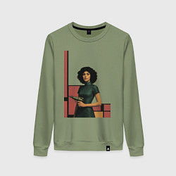 Свитшот хлопковый женский Ретрофутуризм девушка с бластером поп-арт 1970-е, цвет: авокадо