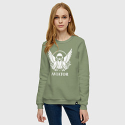 Свитшот хлопковый женский Авиатор с крыльями и цветами, цвет: авокадо — фото 2