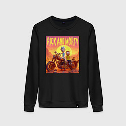 Свитшот хлопковый женский Рик и Морти на ржавом ретро мотоцикле в пустыне, цвет: черный