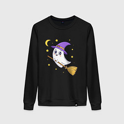 Свитшот хлопковый женский Хэллоуин, привидение на метле, луна, цвет: черный