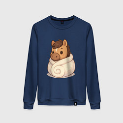 Свитшот хлопковый женский Лошадка укутанная в плед, цвет: тёмно-синий