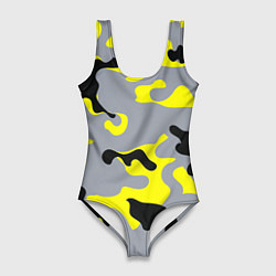 Купальник-боди 3D женский Yellow & Grey Camouflage, цвет: 3D-принт