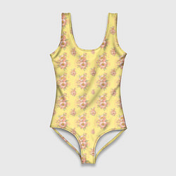 Женский купальник-боди Розовые пионы на желтом фоне