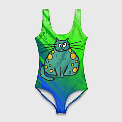 Купальник-боди 3D женский Прикольный зеленый кот, цвет: 3D-принт
