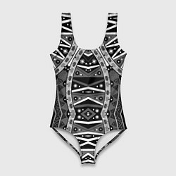 Купальник-боди 3D женский Черно-белый этнический орнамент, цвет: 3D-принт