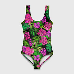 Женский купальник-боди Тропические листья и цветы на черном фоне