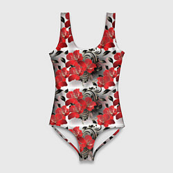 Женский купальник-боди Красные абстрактные цветы
